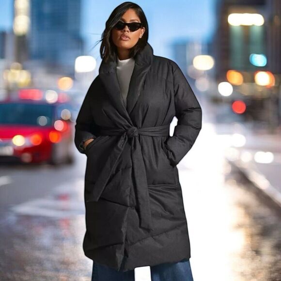 Anthropologie Bernardo WMNS 1X‎ Grey Wrap Puffer Jacket Belted Coat Long Shawl - Picture 14 of 14